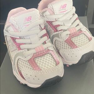New Balance Kids White and Pink Athletic Sneakers